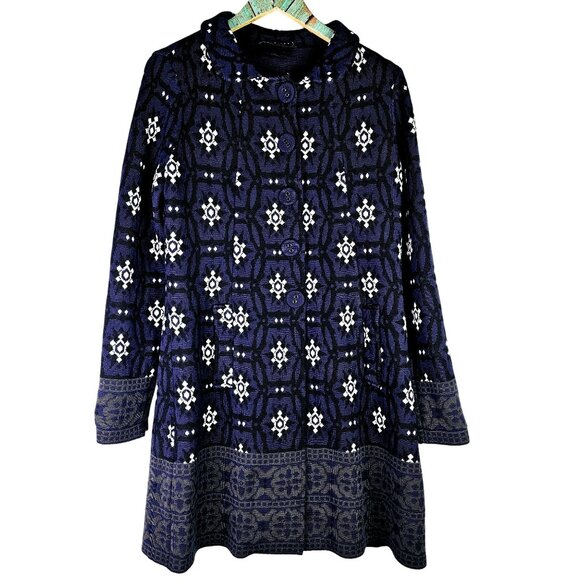 Twin-Set Simona Barbieri Royal Blue Geometric Snowflakes 100% Italian Wool Coat - Picture 1 of 12